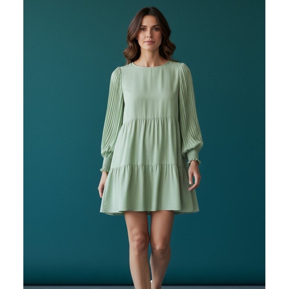 Alice + Olivia Pleated Balloon Sleeve Viscose Tiered Mini Dress Green Size L